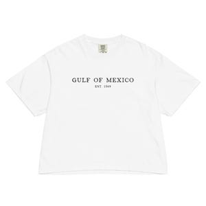 Op de afbeelding: Wit T-shirt met de tekst "GULF OF MEXICO" en "EST. 1569" in het zwart gedrukt. Het shirt heeft een ronde hals en korte mouwen. De stof lijkt zacht en comfortabel.