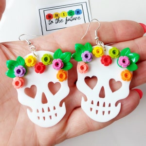 Large Day of the Dead Sugar Skull Acrylic Earrings * Unique Unusual Brick Halloween Presents Gifts * Made with Lego® * Costume Jewellery