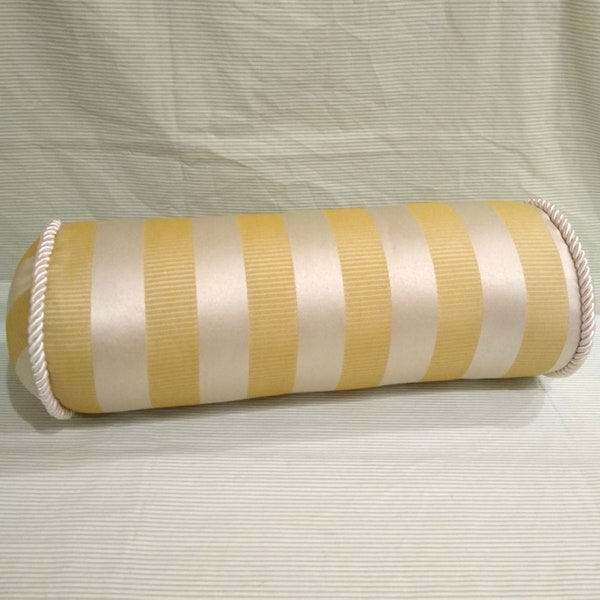 Vintage Neck Roll Pillow Bolster Neckroll Gold Striped Rope Trim Cord Shiny