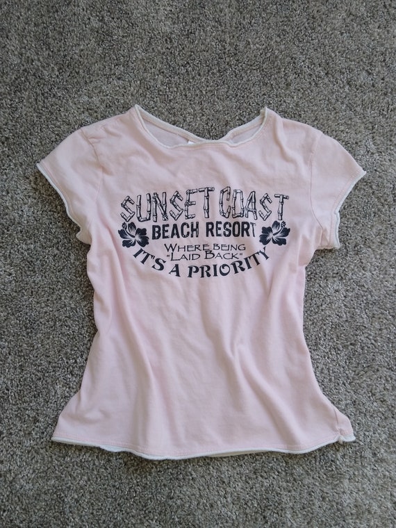 Y2K Top Vintage 90s Shirt T-Shirt Pink Baby Tee Sunse… - Gem