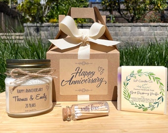 Personalized Anniversary Gift | Wedding Anniversary Gift Box | 8 oz Soy Candle | Soap | Anniversary Party Favors