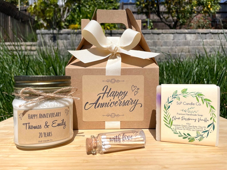 Personalized Anniversary Gift Wedding Anniversary Gift Box 8 oz Soy Candle Soap Anniversary Party Favors All Items & Gift Box