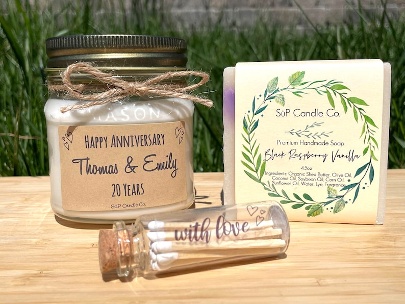 Personalized Anniversary Gift Wedding Anniversary Gift Box 8 oz Soy Candle Soap Anniversary Party Favors Candle,Matches,Soap