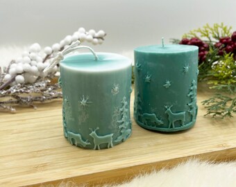 Christmas Candle | Christmas Trees and Reindeers Pattern | Handmade Soy Wax Candle | 8 Scents | Cylinder Candle