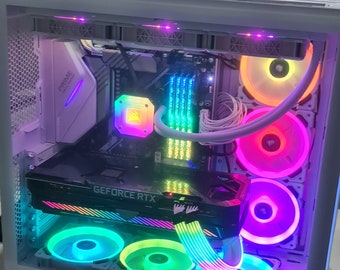 Liquid cooled custom built white gaming PC with AMD 7 5700x and ASUS 3080