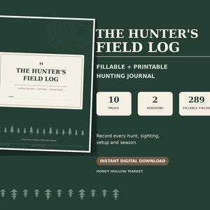 Könnte beinhalten: Ein dunkelgrünes digitales Jagdtagebuch mit dem Titel THE HUNTER'S FIELD LOG. Das Cover zeigt ein weißes Textfeld, eine Reihe kleiner Tannenbaumsymbole und den Untertitel A PRACTICAL JOURNAL FOR EVERY SEASON. Enthält 10 Seiten, 2 Versionen und 289 ausfüllbare Felder.