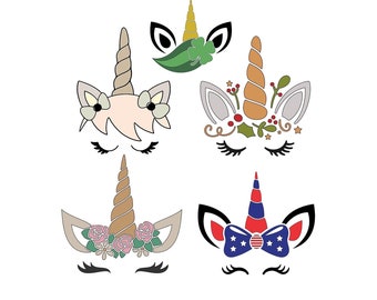 クリカット用のユニコーンの顔のデザイン svg と png、7 月 4 日の svg、花柄の svg