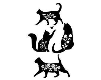 花柄猫 SVG、シルエット Cricut 用の猫 SVG PNG ファイル。花柄動物、花柄猫シルエット SVG、花と猫、ニャー png