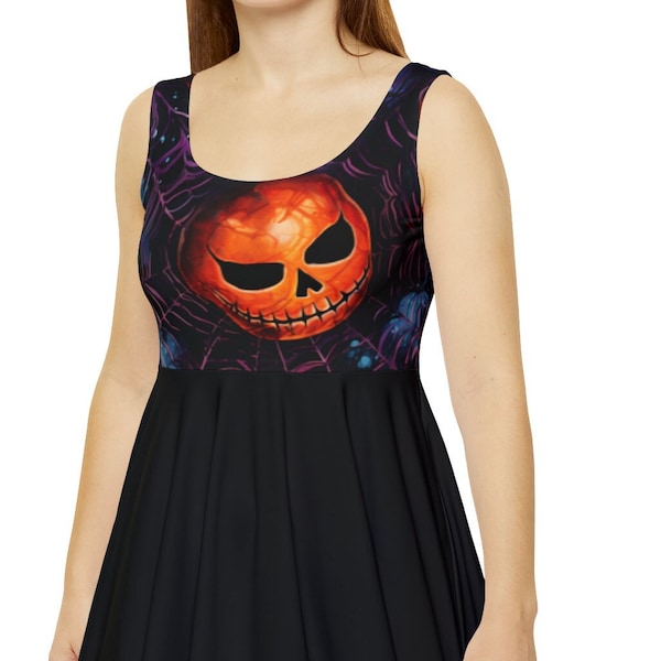 Halloween Orange Skull Spider Web Women's Skater Summer Dress | Halloween Party