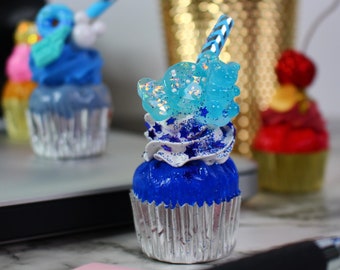 Fake Cupcake BLUE SPARKLE SINGLE Magnetic Mini Cupcake Faux Decor Prop