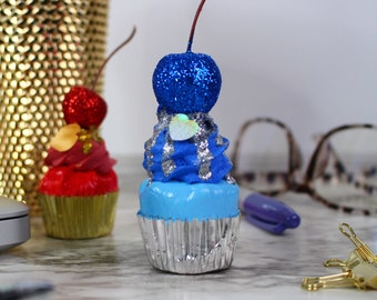 Fake Cupcake BLUE SPARKLE SINGLE Magnetic Mini Cupcake Faux Decor Prop