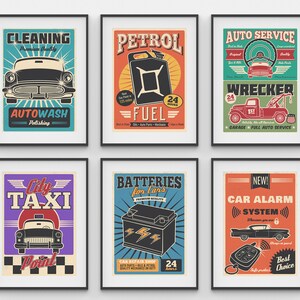 以下が含まれることがあります： 自動車をテーマにしたヴィンテージスタイルのポスターが6枚。ポスターは黒枠で囲まれ、白い背景になっています。ポスターは、洗車、ガソリン、自動車修理、タクシー、バッテリー、カーアラームシステムなどのサービスを宣伝しています。