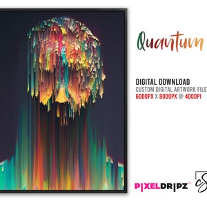 Puede incluir: Impresión digital abstracta con un diseño pixelado colorido. La obra de arte se titula "Quantum" y es un archivo de descarga digital. La imagen es de 6000 píxeles por 8000 píxeles a 400 DPI.