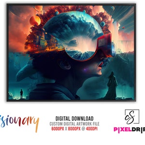 Puede incluir: Una impresión de arte digital de una persona que lleva un casco de realidad virtual. La cabeza de la persona está llena de un paisaje colorido y en espiral. El fondo es un paisaje oscuro, azul y verde.
