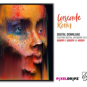 Puede incluir: Impresión digital de una obra de arte abstracta colorida que representa un retrato con un efecto de glitch. El título "Cascade Rain" está escrito en rojo y naranja. La imagen mide 6000 píxeles por 8000 píxeles a 400 DPI.