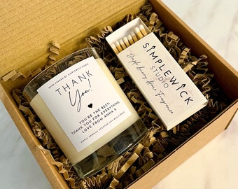 Cadeau de remerciement Ensemble cadeau bougie personnalisé - Bougie parfumée à la vanille personnalisée et allumettes - Coffret cadeau de remerciement personnalisé