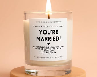 Personalised You're Married! Wedding Candle: Vanilla Scented Soy Wax Newlywed Gift