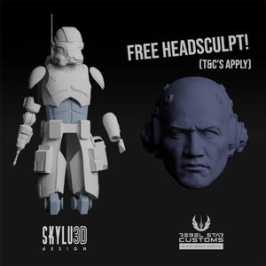 May include: A 3D printed model of a Star Wars character, a white and gray Stormtrooper, with a free head sculpt offer. The text "FREE HEADSCULPT! (T&C'S APPLY)" is displayed above the model. The text "SKYLU3D DESIGN" is displayed below the model. The text "REBEL STAR CUSTOMS BLACK SERIES VENDOR" is displayed below the head sculpt.