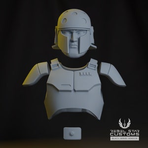 May include: A 3D printed model of a Star Wars character's armor, including a helmet, chest plate, and shoulder pads. The armor is gray and has a textured surface. The model is on a black background.