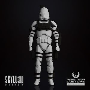 May include: White 3D printed action figure of a Star Wars clone trooper with black armor and accessories. The figure is standing on a black background. The text "SKYLU3D DESIGN" and "REBEL STAR CUSTOMS BLACK SERIES VENDOR" is visible in the image.