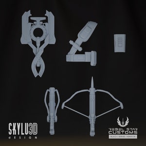 以下が含まれることがあります： スターウォーズのアクションフィギュア用の3Dプリントアクセサリーセット。セットには、クロスボウ、矢筒、スコープ、ポーチ付きベルトが含まれています。アクセサリーはライトグレーでプリントされています。画像には、「SKYLU3D DESIGN」と「REBEL STAR CUSTOMS BLACK SERIES VENDOR」のテキストも含まれています。