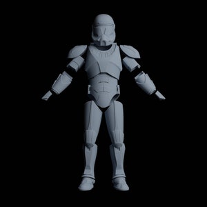 May include: A grey plastic action figure of a soldier wearing a helmet and armour. The figure is posed with arms outstretched.