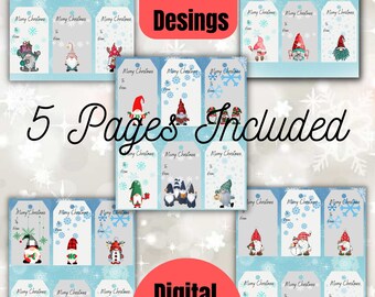 May include: Digital download of Christmas gift tags featuring 30 gnome designs. Each tag has a light blue background with snowflakes and the text "Merry Christmas" and "To: From:" The image includes 5 pages of tags.