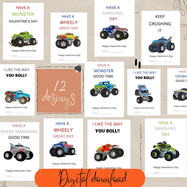 Monster Truck Valentine, DIY Classroom Cards, Digital Download, Valentines day, Monster Truck