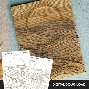 May include: A wooden string art piece depicting a sunset over ocean waves. The artwork features a sun made of gold thread and blue thread waves. Two printed templates are visible, along with the text "DIGITAL DOWNLOAD".