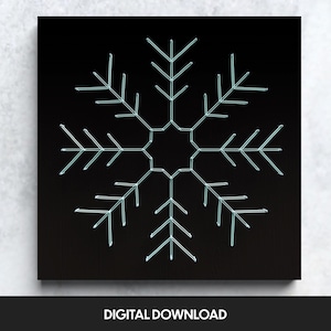 May include: A white snowflake design on a black background. The snowflake is made up of six points with a central hexagon.
