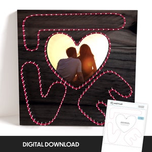 May include: A digital download pattern for a string art project. The pattern shows a heart with the word "love" spelled out in a stylised font. The heart has a photo of a couple in it. The pattern is printed on a white background.