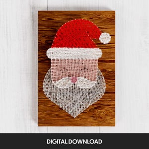 May include: A string art design of Santa Claus's face on a wooden background. The design is made with white and red string wrapped around nails.