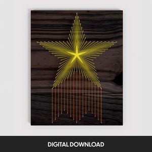 May include: A star-shaped string art design with a yellow star center and radiating yellow strings on a dark wood background. Vertical orange strings hang below the star. The words "DIGITAL DOWNLOAD" are at the bottom.