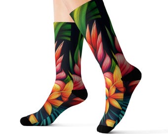 Hawaiian Floral Socks - Tropical Print Sublimation Socks, Beach Theme Footwear, Floral Print Sock Gift, Summer Vacation Accessories, Luau