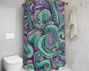 Teal Purple Paisley Shower Curtain | Boho Swirl Bathroom Decor