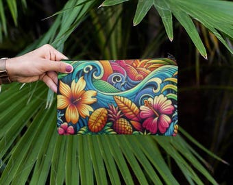 Hawaiiansk kosmetikväska - tropisk resepåse, strandsminkfodral, blommig necessär, Aloha-present till henne, Luau-dragkedja
