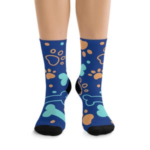 Socks with Paws and Bones Design, Animal Lover Gift, Dog Owner Present, Cute Pet Theme, Recycled Poly Socks, Sustainable Fashion