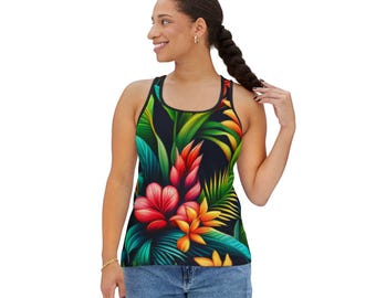 Tropical Hawaiian Tank Top for Women, Summer Sleeveless Shirt, Floral Beach Tank, Vacation Muscle Tee, Aloha Party Blouse, Island Gifts