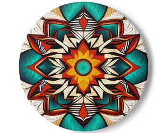 Posavasos de cerámica con diseño de mandala vibrante, decoración colorida para el hogar, regalo único para amantes del café, posavasos para la mesa del comedor, artículos artesanales para beber.