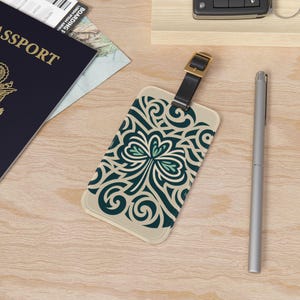 St Patty&#39;s Tribal Luggage Tag, Shamrock Travel Keychain, Unique Irish Suitcase Identifier, Celtic Bag Tag, Green Clover Luggage Label
