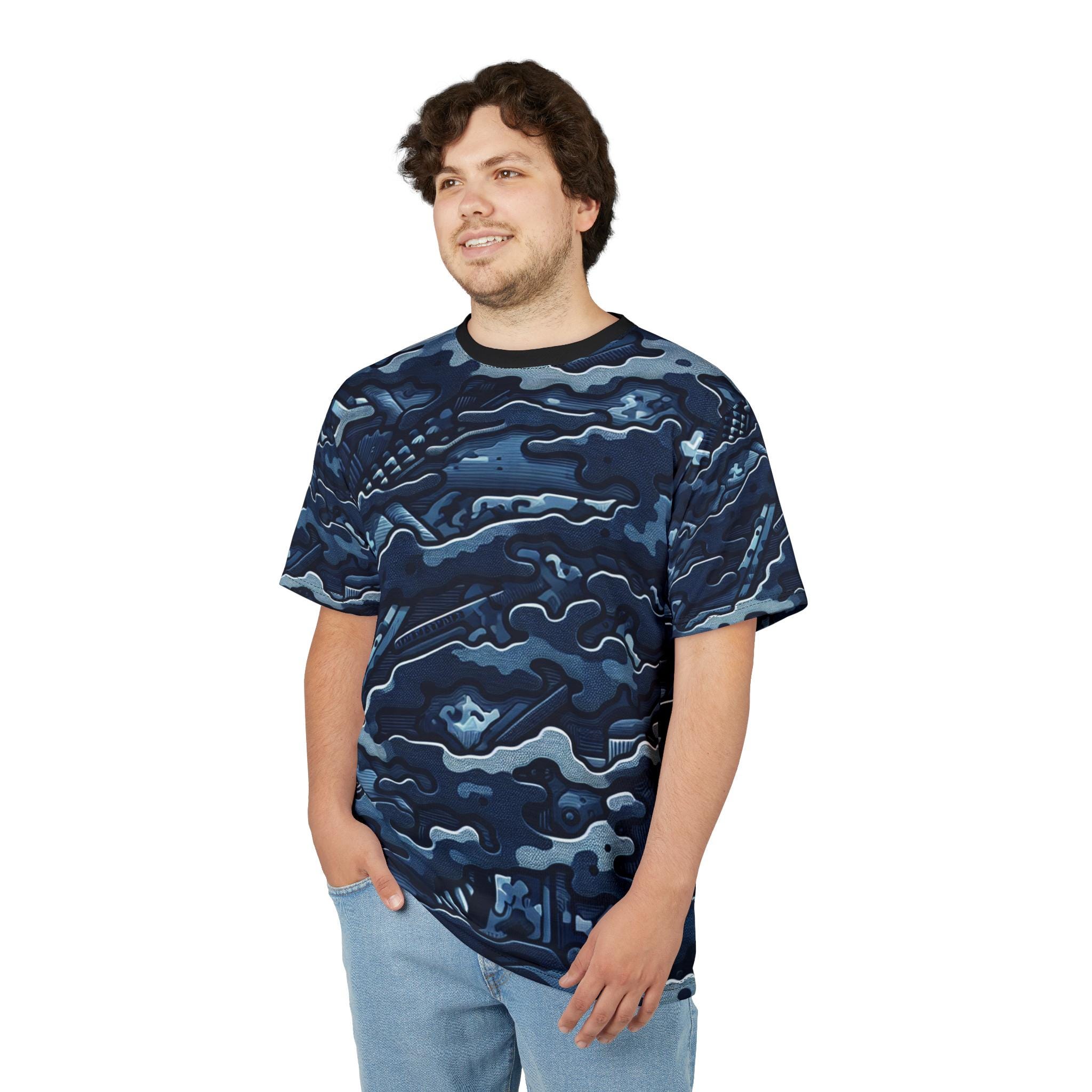 ネイビーカモフラージュTシャツ、ユニセックスTシャツ、迷彩シャツ