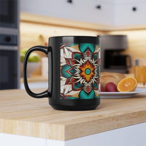 Taza nativa - Taza de café de cerámica estilo suroeste, taza de té con diseño tribal, patrón azteca grande de 15 oz, regalo étnico para decoración del hogar bohemio.