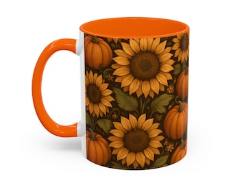 Autumn Harvest Coffee Mug, Fall Pumpkin and Sunflower Design, Perfect Gift for Thanksgiving, Autumn Lovers, Kitchen Decor, Cozy Coffee Cup