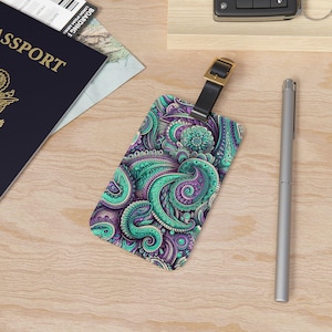 Mint Green and Purple Paisley Luggage Tag - Travel Accessories, Suitcase Identifier, Baggage Tags, Unique Travel Gifts, Customizable Name