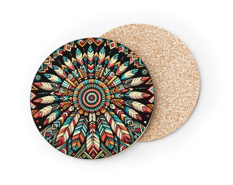 Posavasos nativos, juego de 4 posavasos, diseño tribal, estilo suroeste, estilo bohemio, decoración rústica para el hogar.
