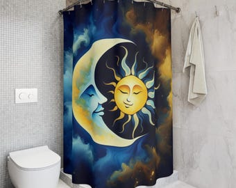 Sun and Moon Crescent Shower Curtain | Celestial Night Sky Bathroom Decor