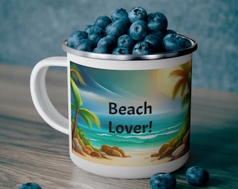 Tazza da campeggio sulla spiaggia, tazza smaltata / design del falò costiero