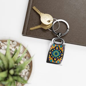 Rechthoekige fotosleutelhanger, tribale sleutelhanger, Azteekse tashanger, etnische sleutelhouder, boho sleutelhanger, Native American sleutelring, Southwestern sleutel