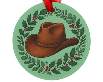 Cowboy Hat Christmas Wreath Ornament | Acrylic Ornament with Ribbon