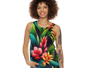 Camiseta sin mangas con estampado floral tropical / Hojas hawaianas brillantes